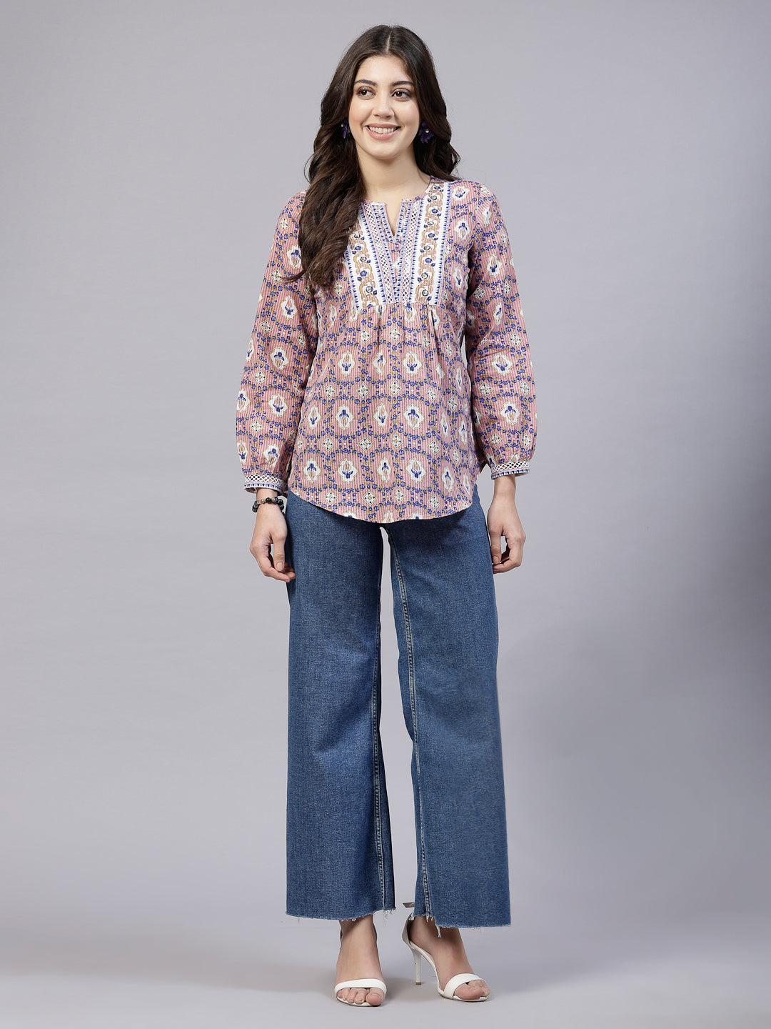 Pink floral printed Top with lace inserts