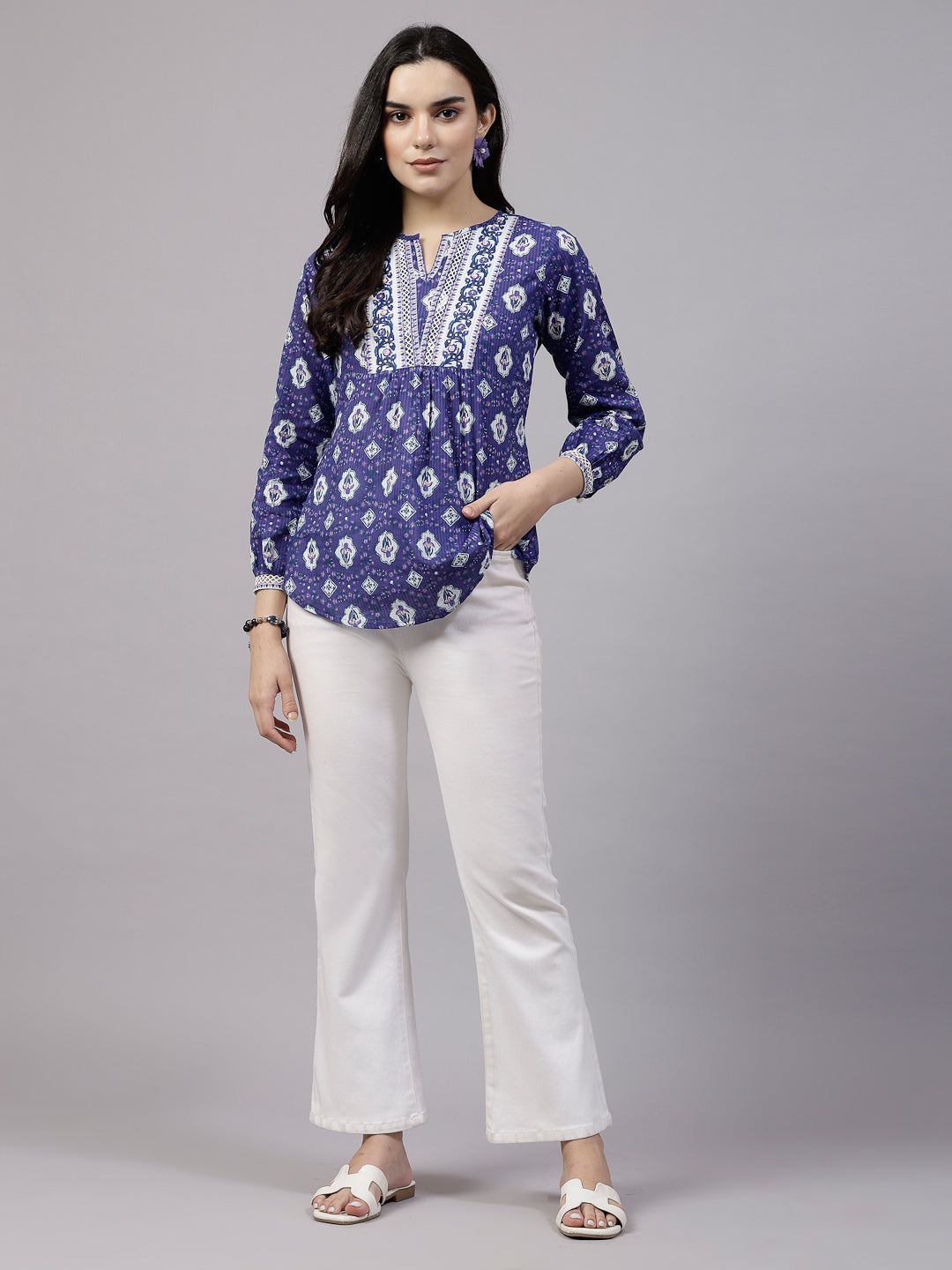 Violet floral printed Top with lace inserts