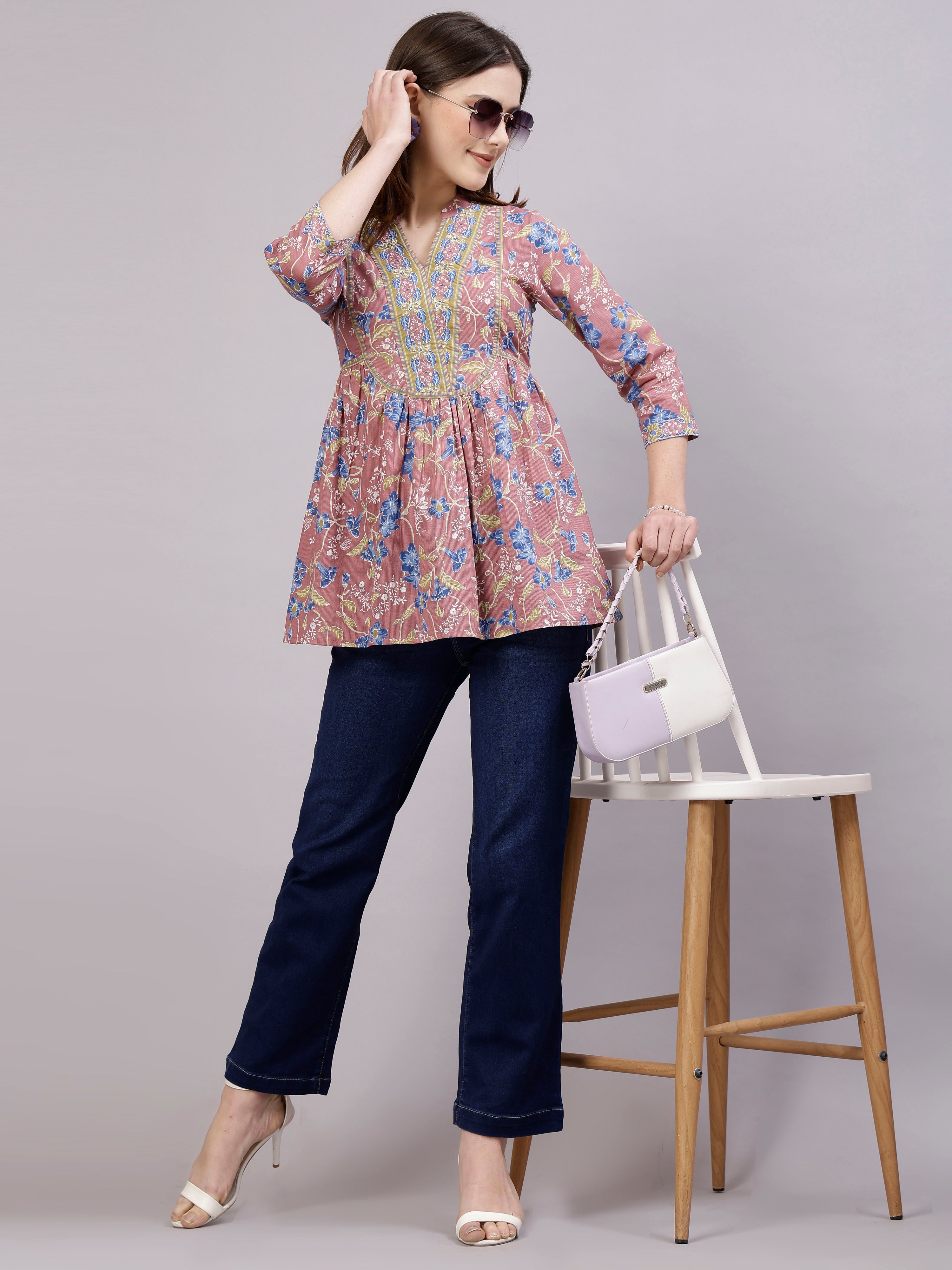 Rose pink floral printed Top with embellished yoke