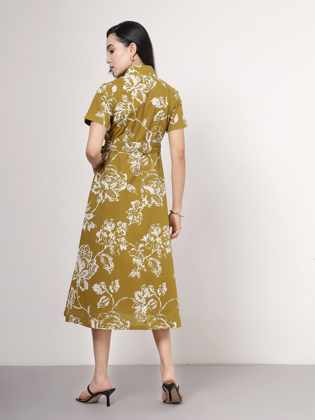 Olive Botanical Print midi Dress