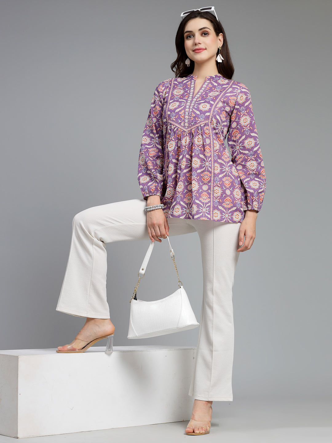 Ethnic Motifs Printed Mandarin Collar Pure Cotton Top