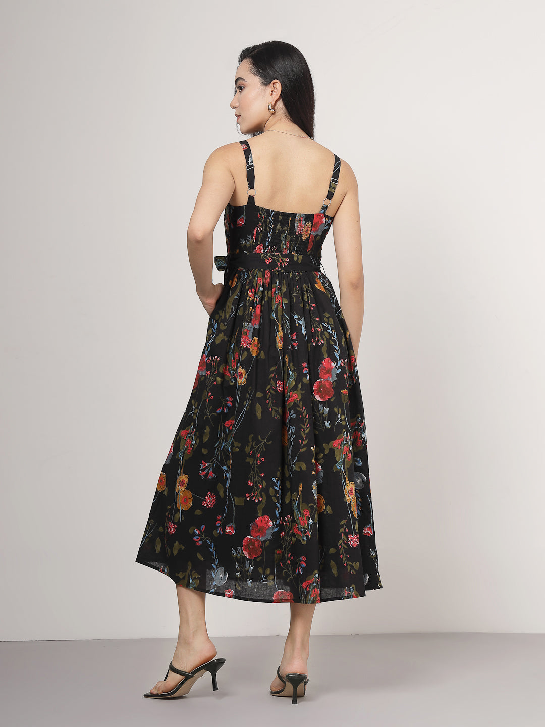 Black Multi-Floral Midi Cotton Dress