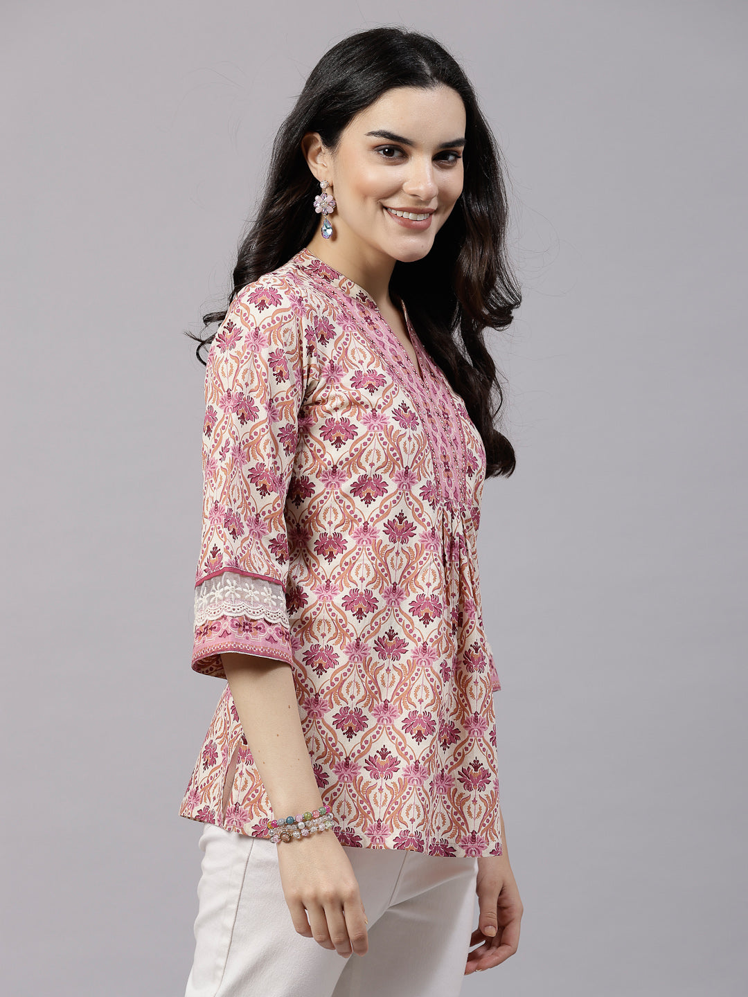 Pink Printed Top with lace detail