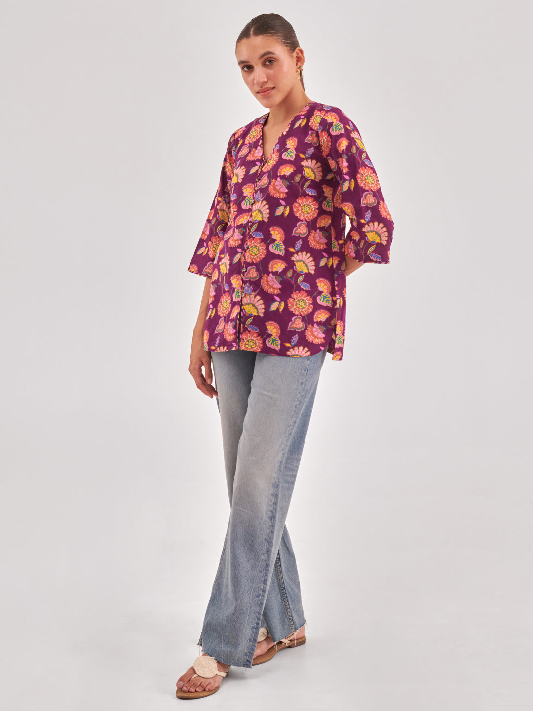 Floral Print Cotton Shirt Style Top
