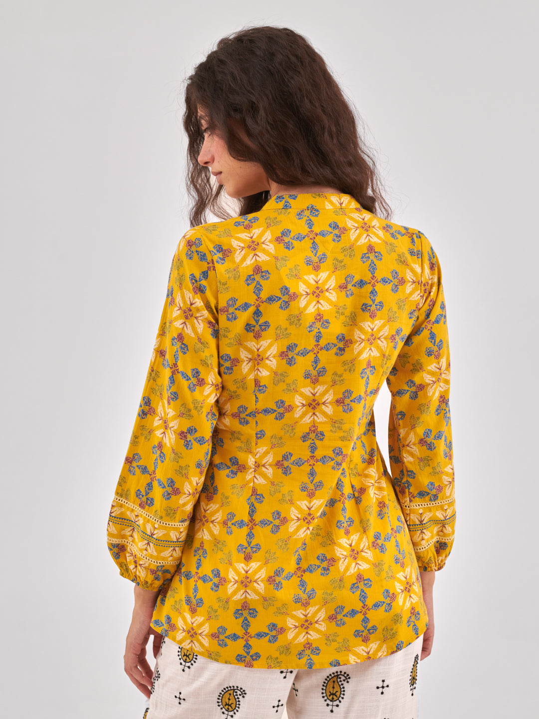 Mustard Floral Print Lace Insert cotton Top