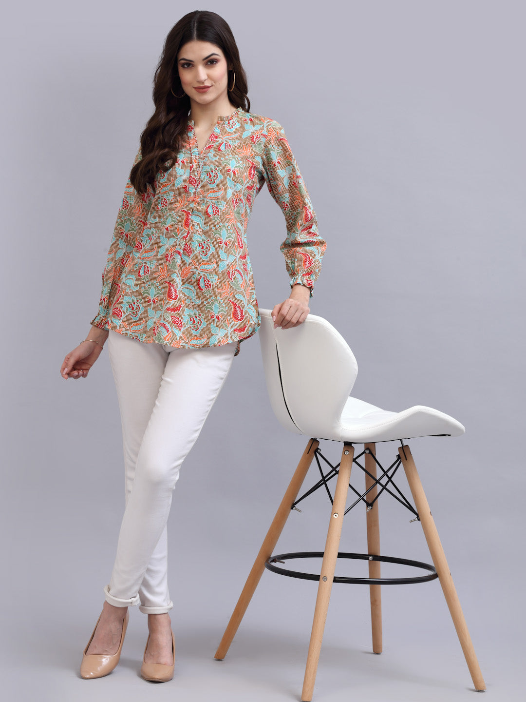 Khaki floral printed top with ruffles