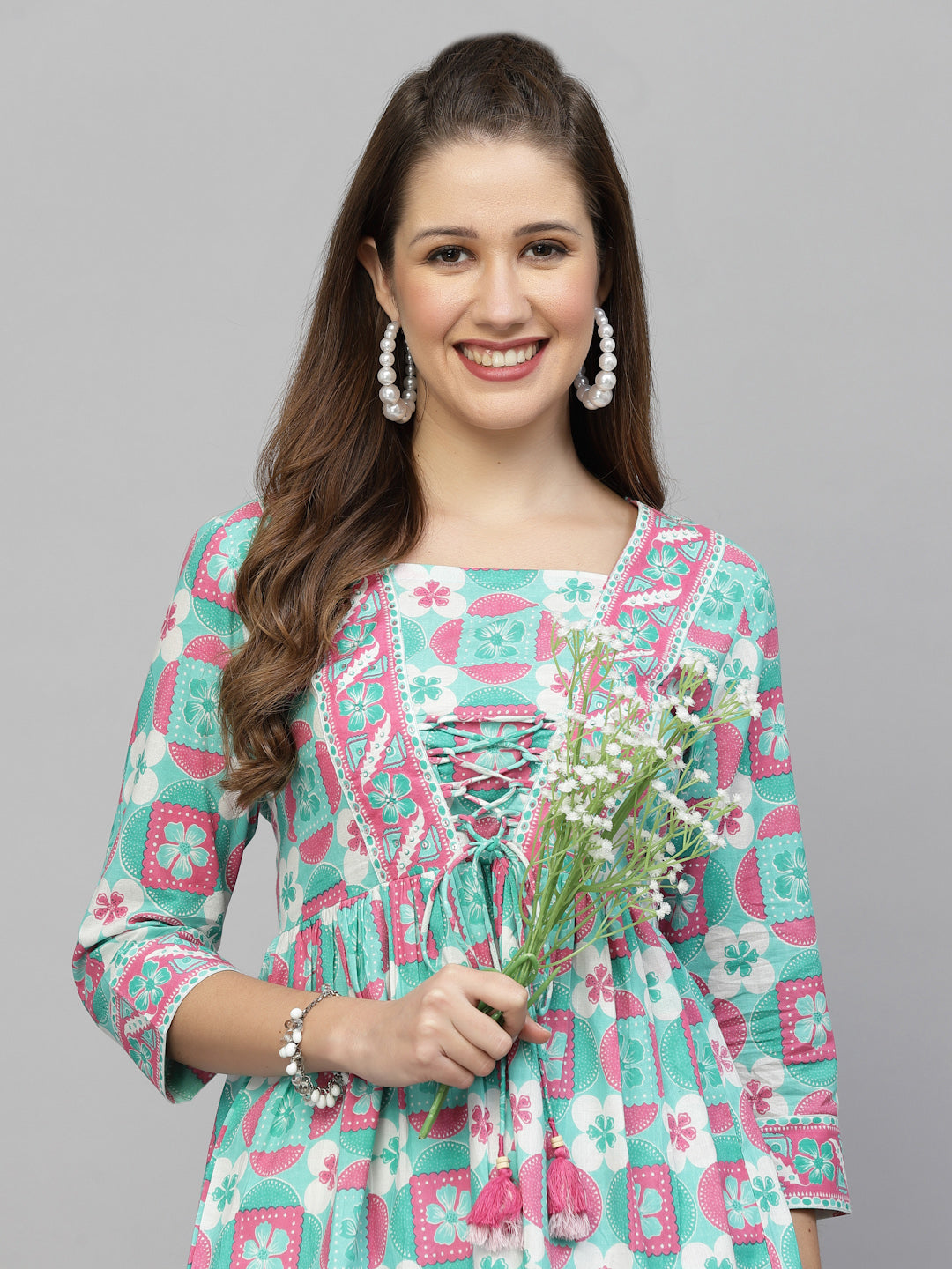 Sea Green Floral Print Tie up Top