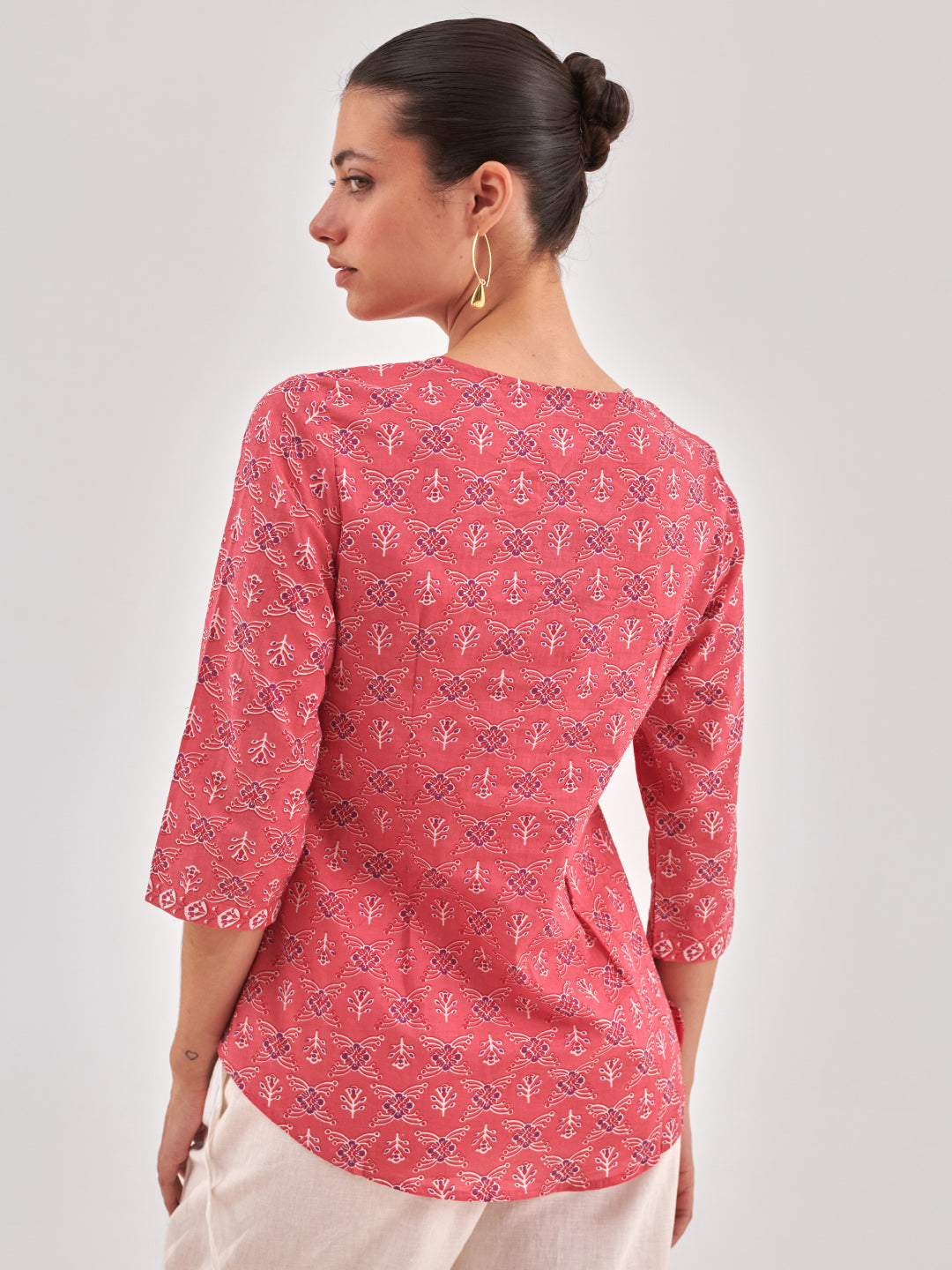 Pink Printed Pintucks Detail Top