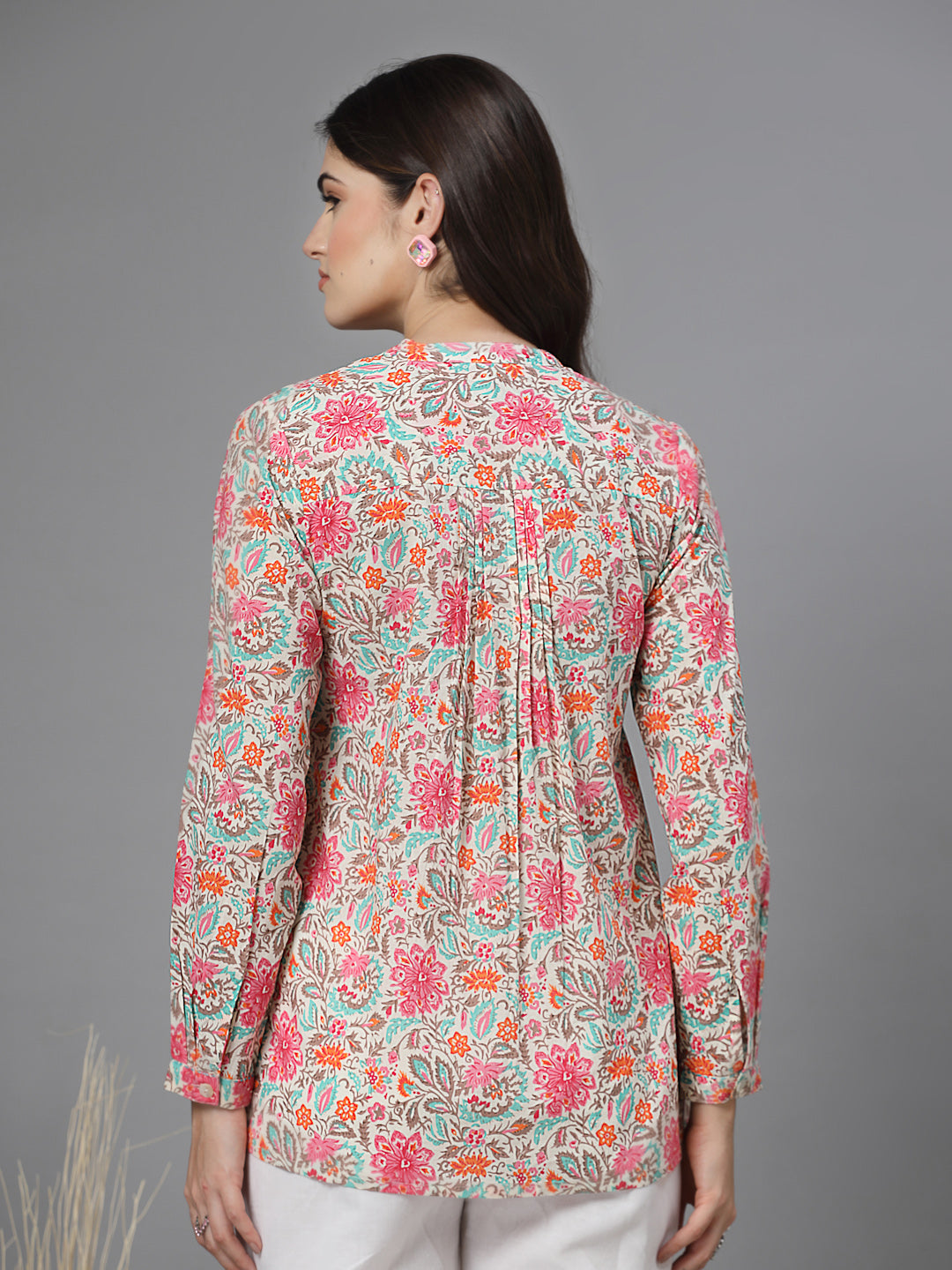 Pink Floral Print Mandarin Collar Long Sleeves Pintucks Top