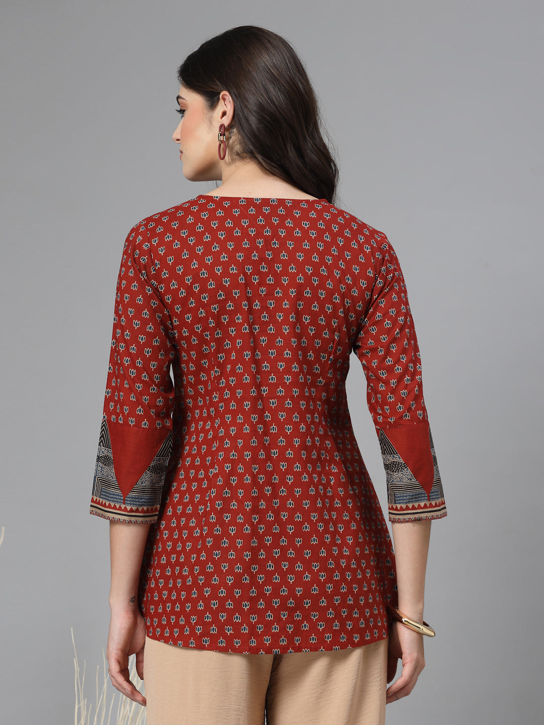 Red Printed V-Neck Gathered Pure Cotton Empire Top