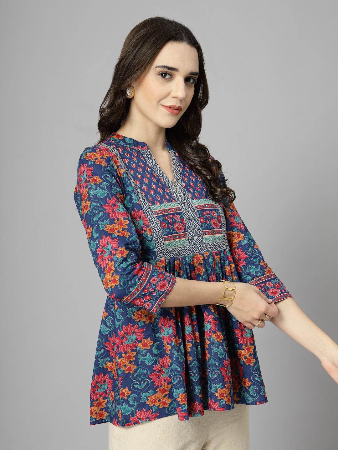 Floral Print Mandarin Collar Cotton Top
