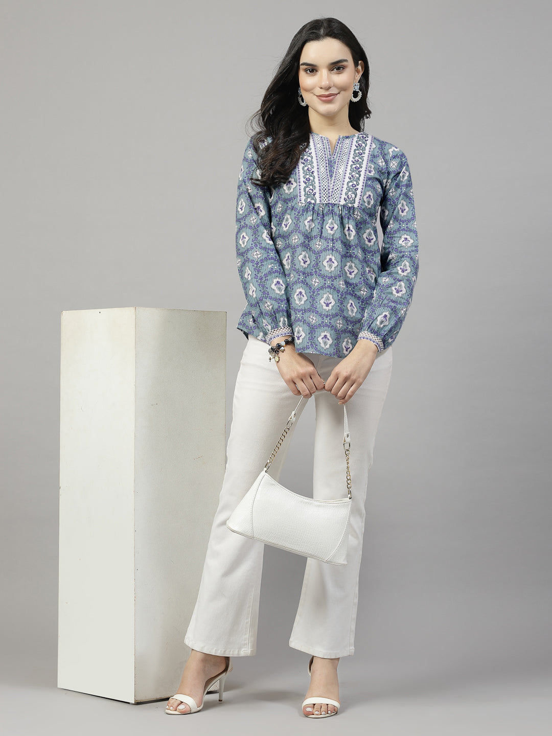 Pastel Green floral printed Top with lace inserts