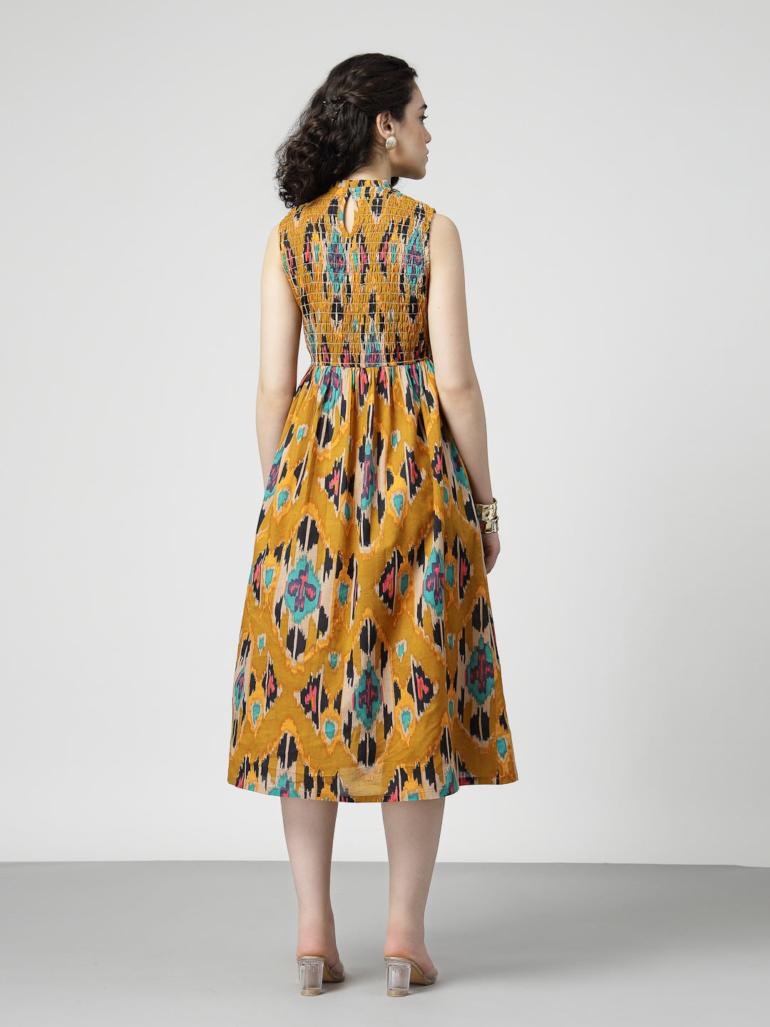 Ikat Print smocking midi dress