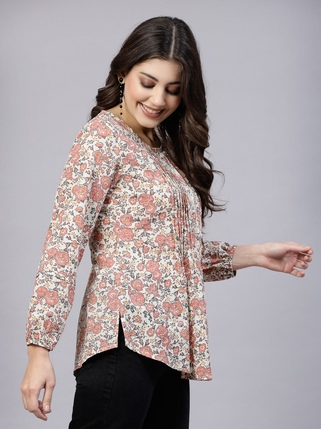 Peach Ditsy Floral Print Top