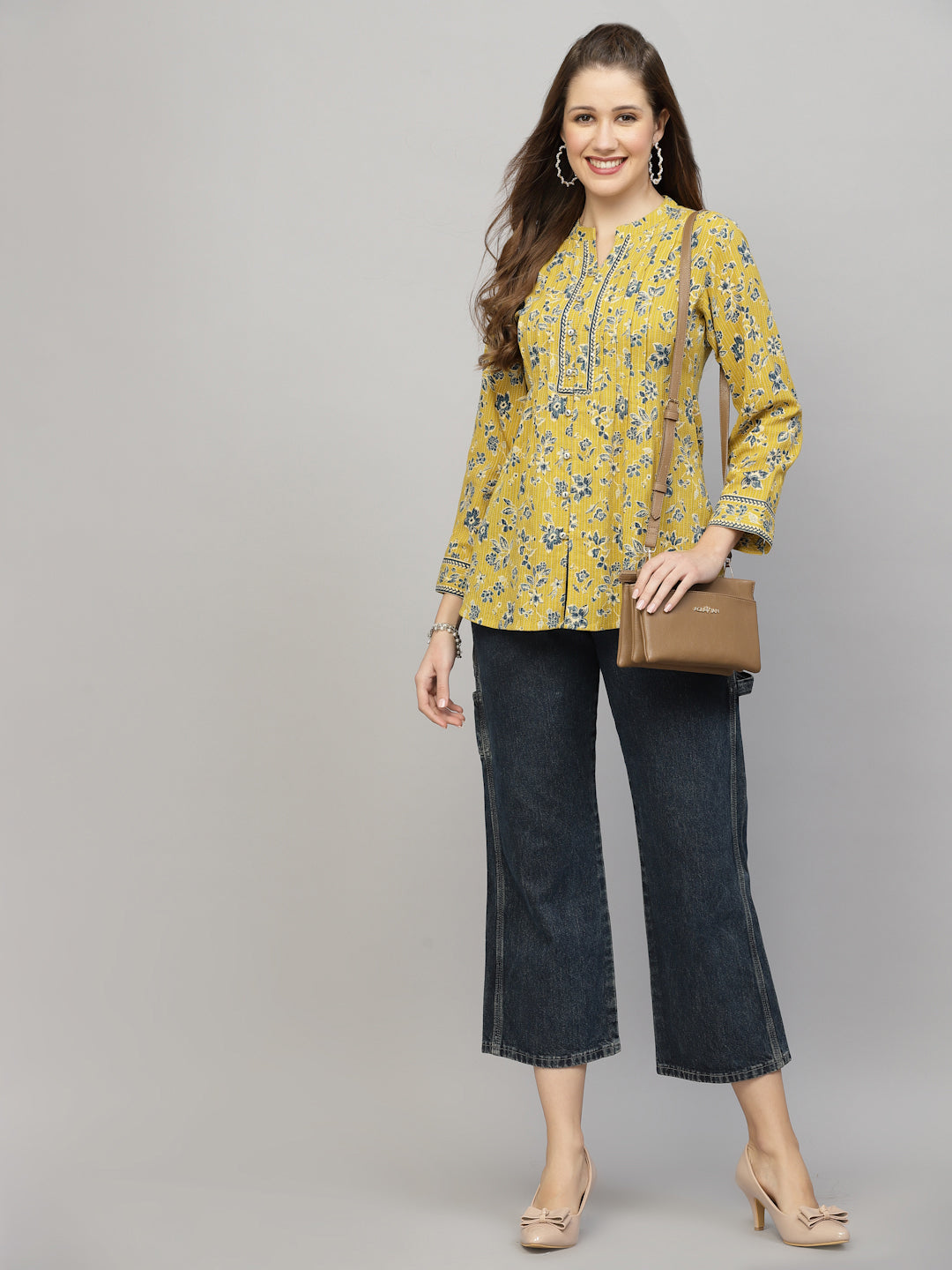 Yellow Floral Printed Shirt Style Top