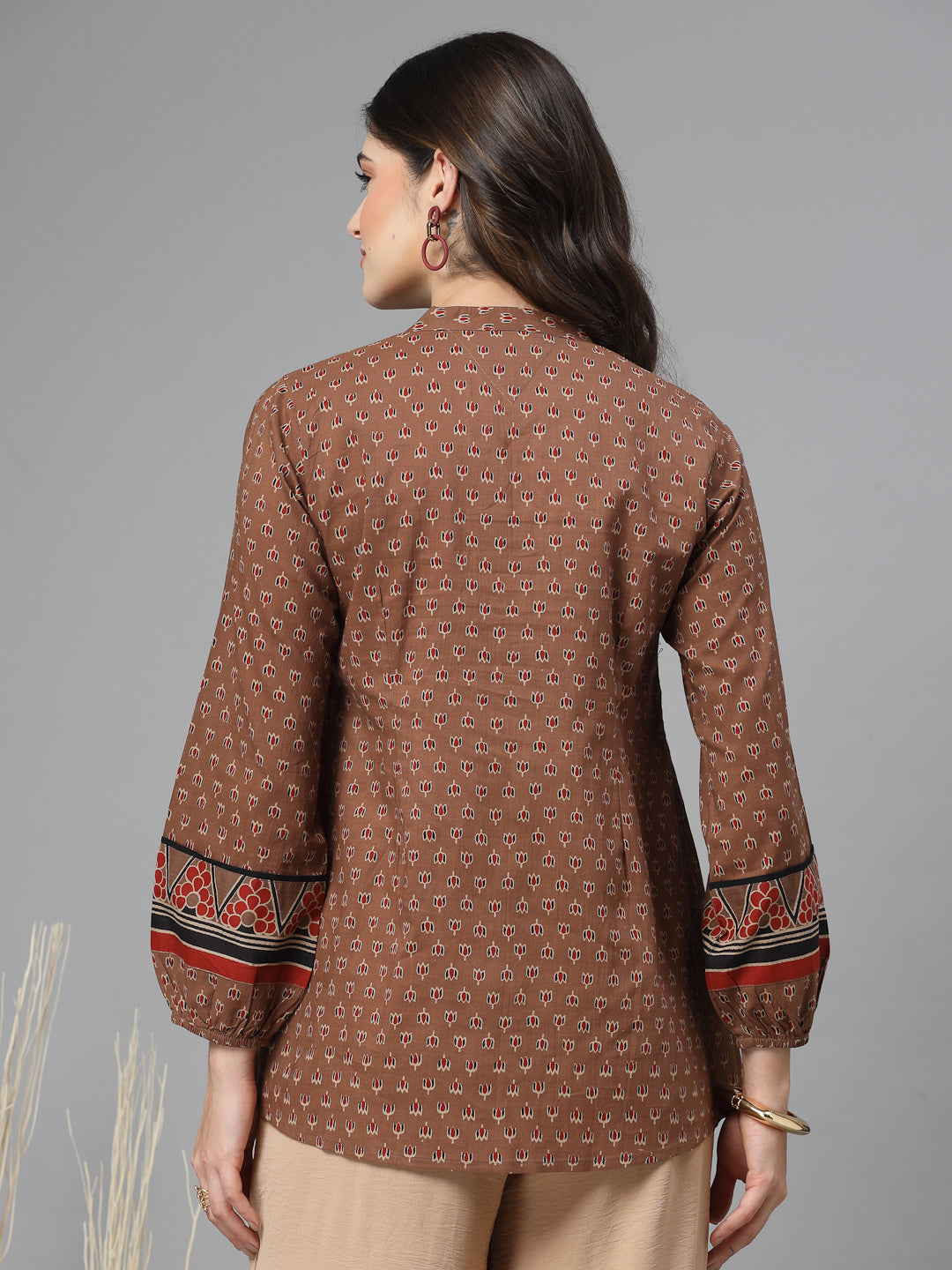 Rust Print Mandarin Collar Empire Pure Cotton Top