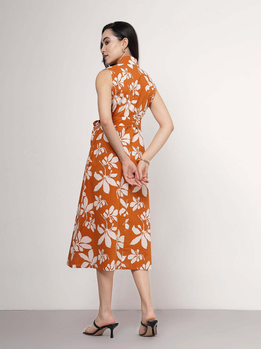 Orange Tropical Floral Midi Dress