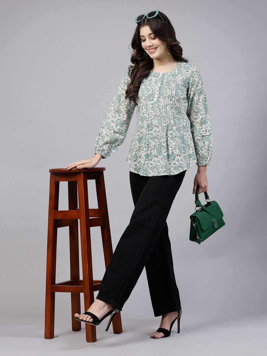 Green Ditsy Floral Print Top