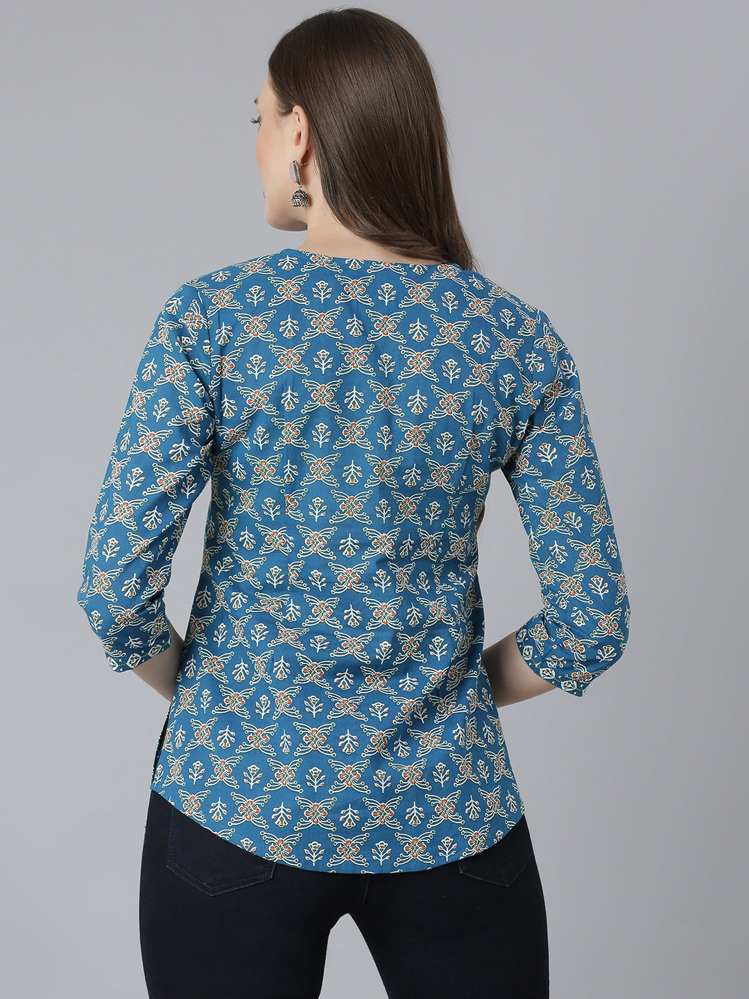 Teal Printed Pintucks Detail Top