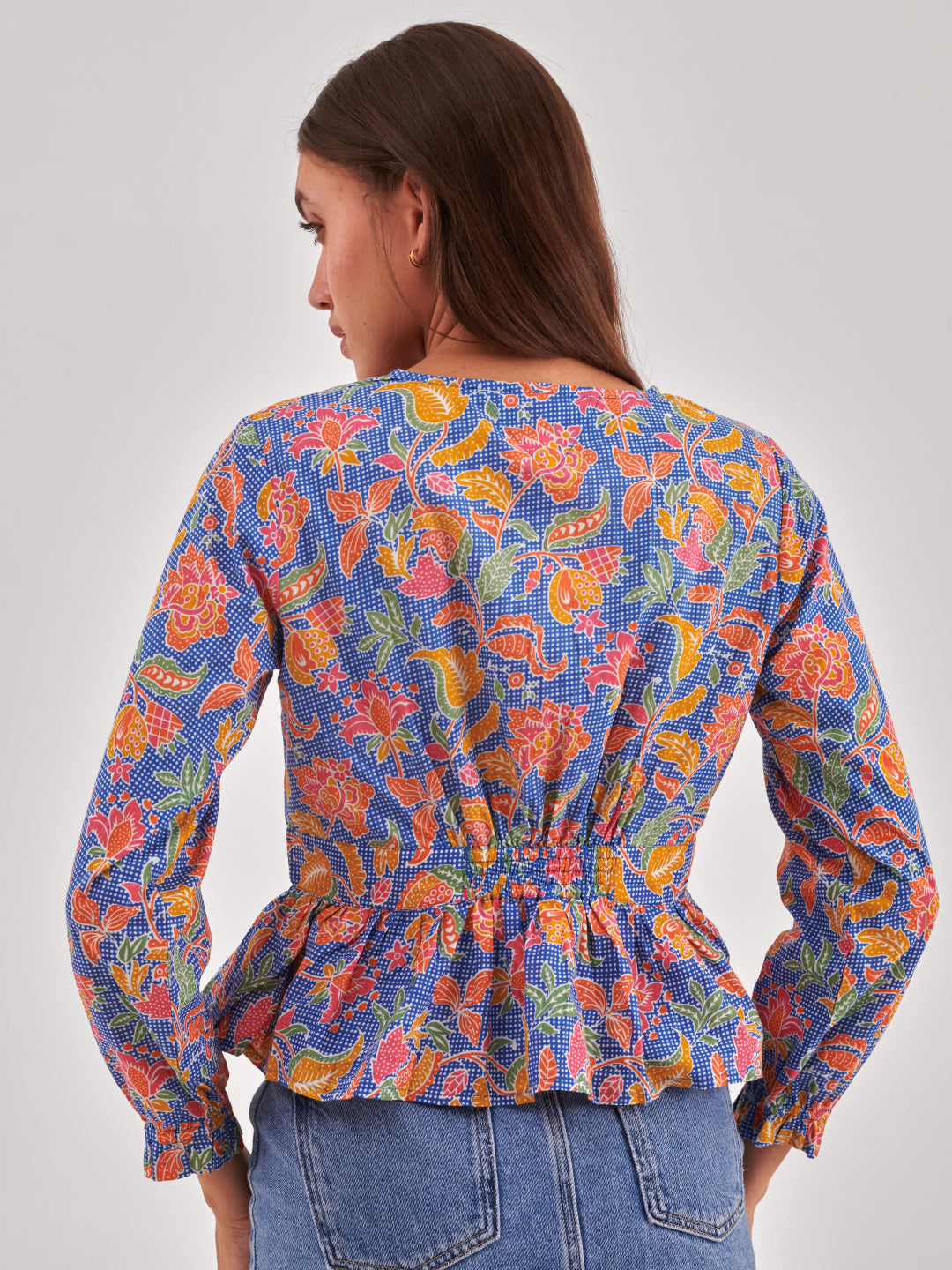 Blue printed cinched waist top