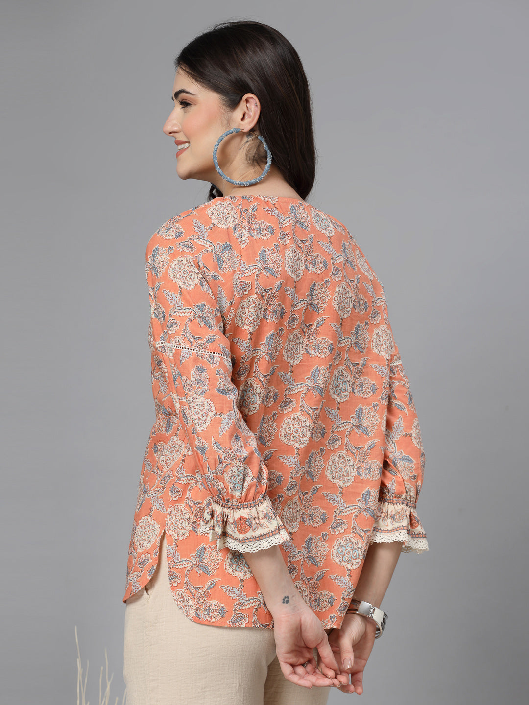 Floral print puff sleeve cotton top