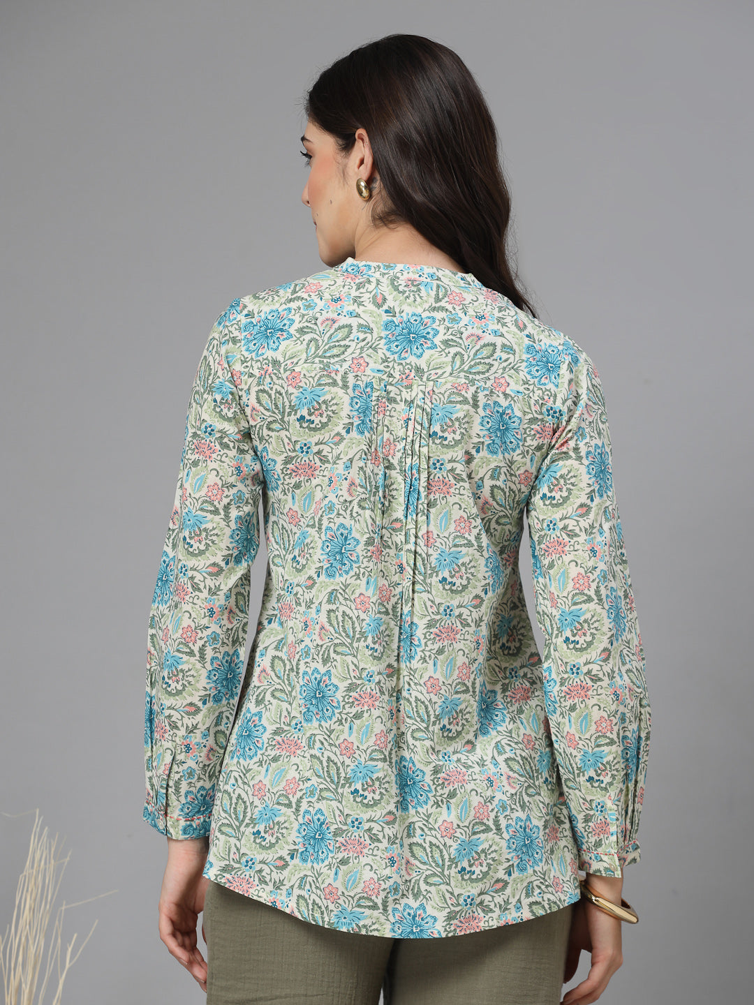 Blue Floral Print Mandarin Collar Long Sleeves Pintucks Top