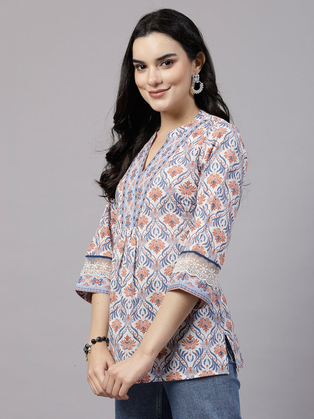 Blue Printed Top with lace detail