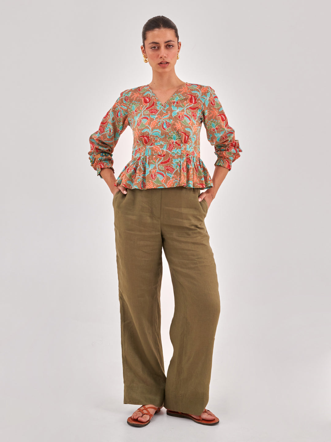 Khaki printed cinched waist top