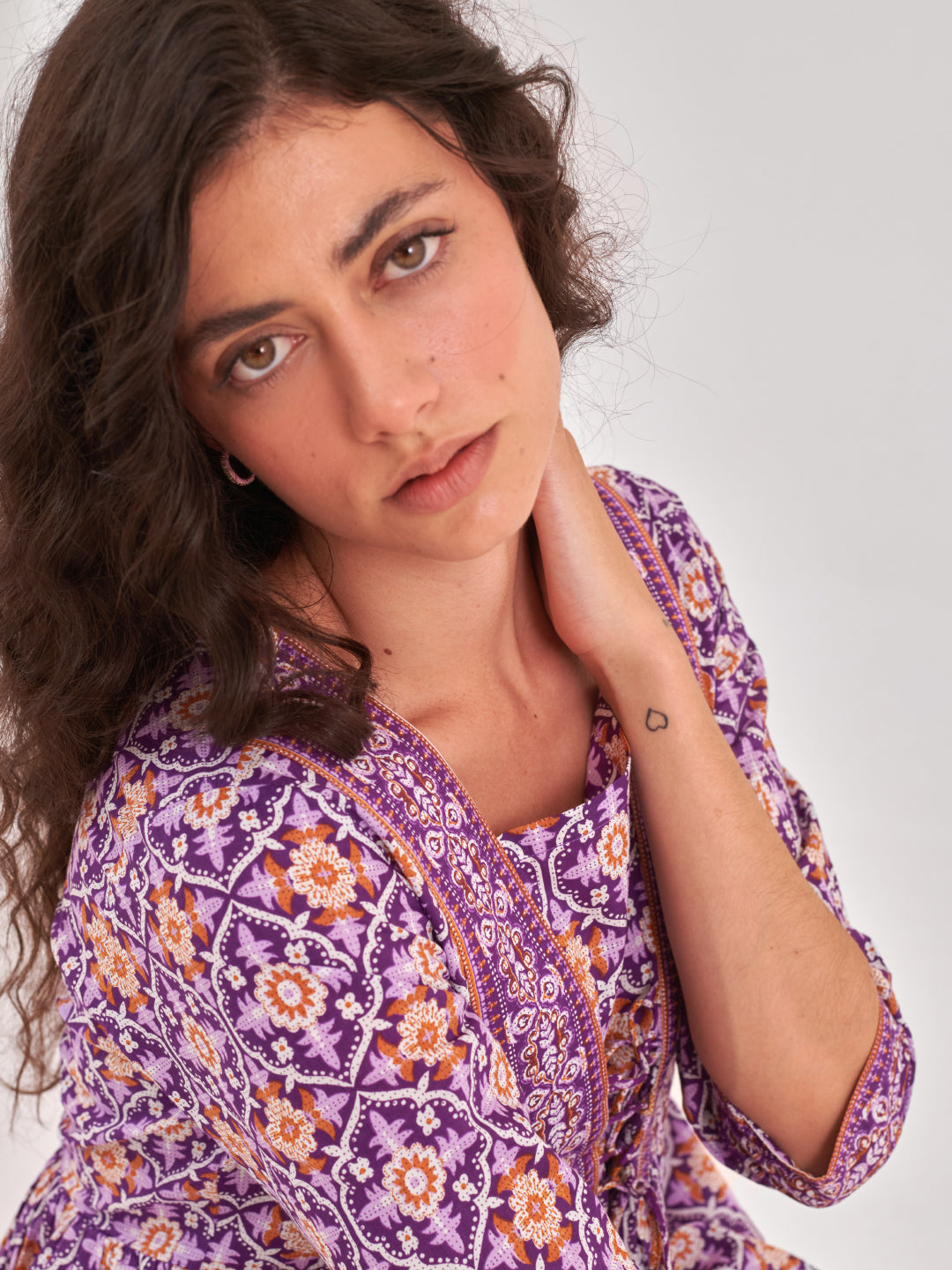 Purple Printed top with gathers and tie up detail