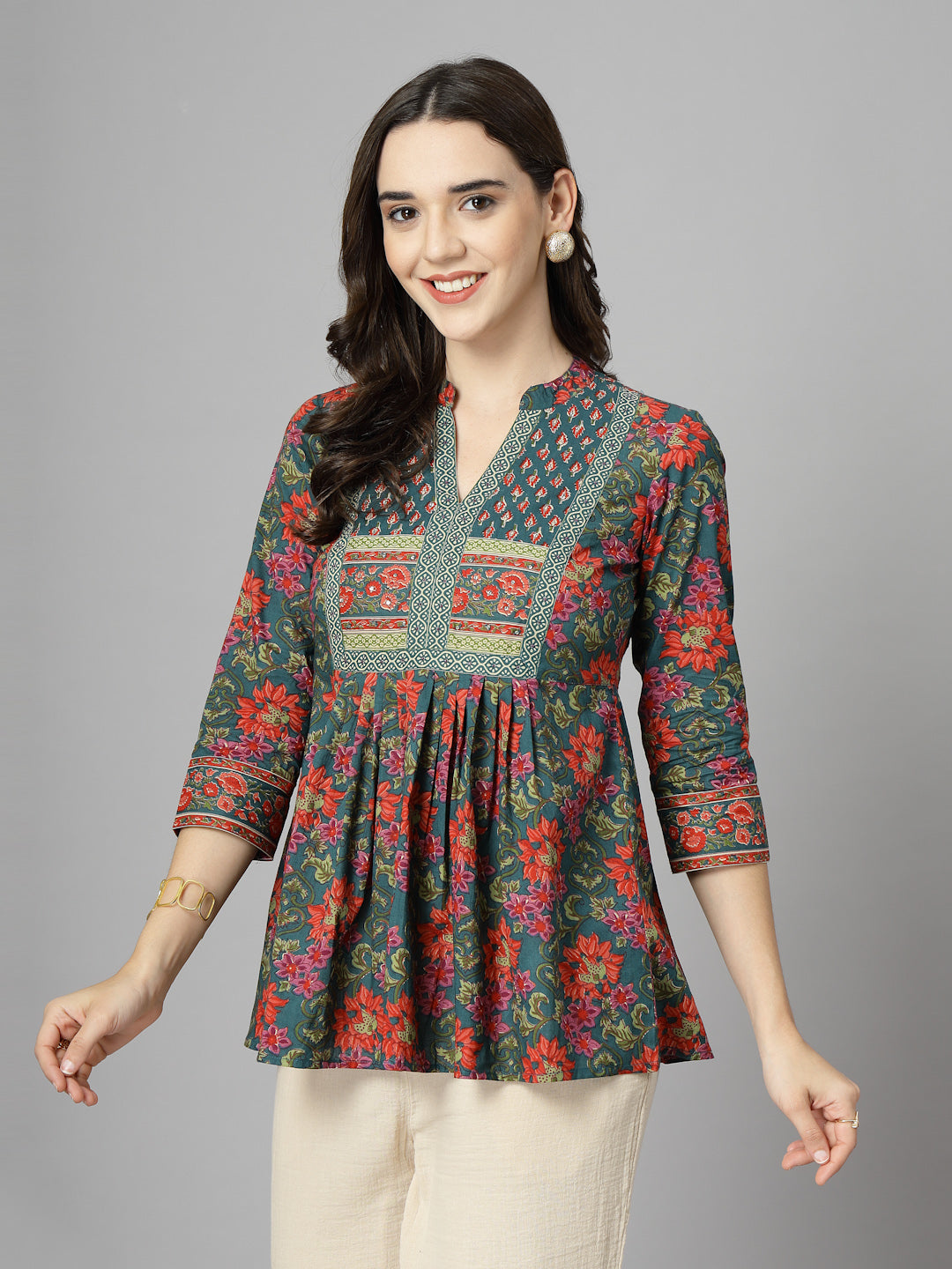 Floral Print Mandarin Collar Cotton Top