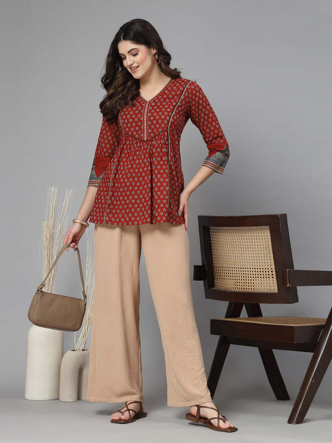 Red Printed V-Neck Gathered Pure Cotton Empire Top