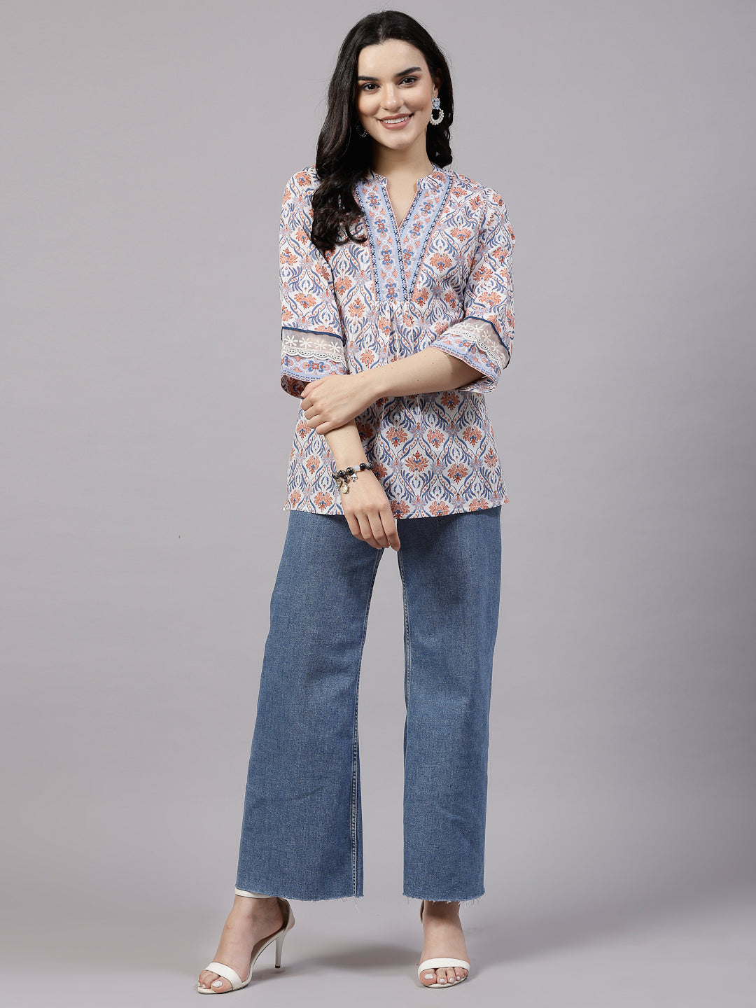 Blue Printed Top with lace detail