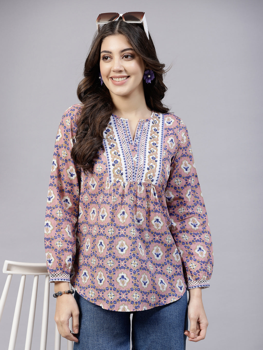 Pink floral printed Top with lace inserts