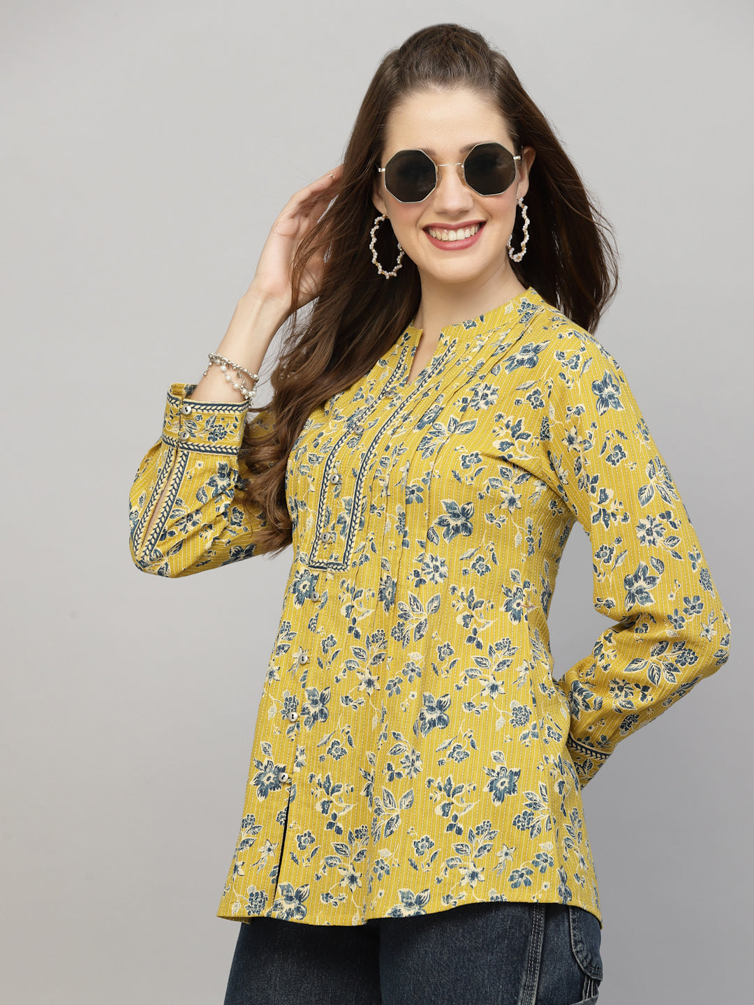 Yellow Floral Printed Shirt Style Top