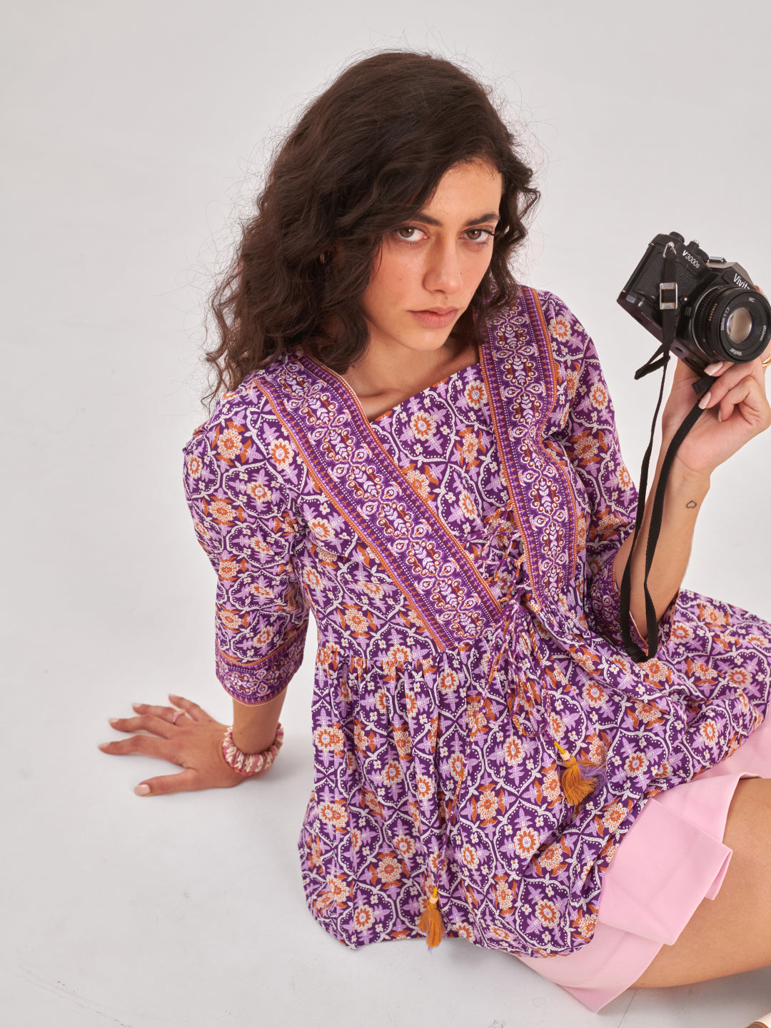 Purple Printed top with gathers and tie up detail