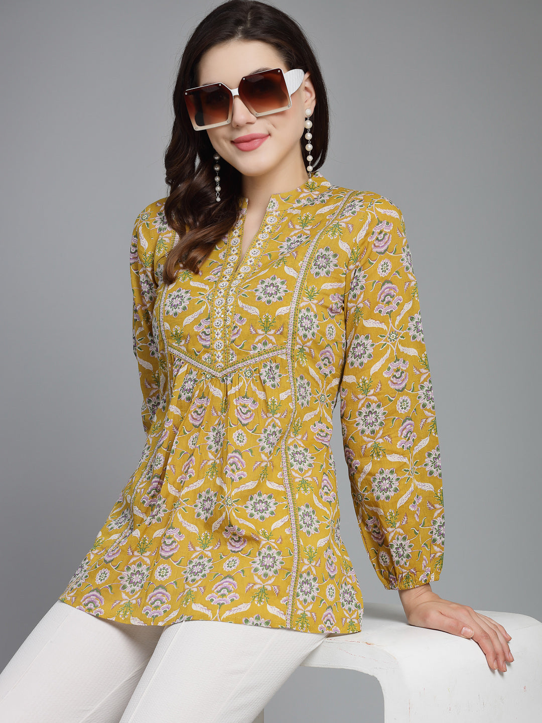 Ethnic Motifs Printed Mandarin Collar Pure Cotton Top