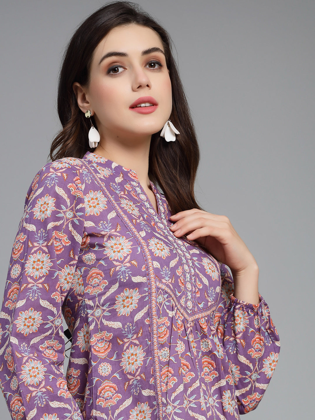 Ethnic Motifs Printed Mandarin Collar Pure Cotton Top