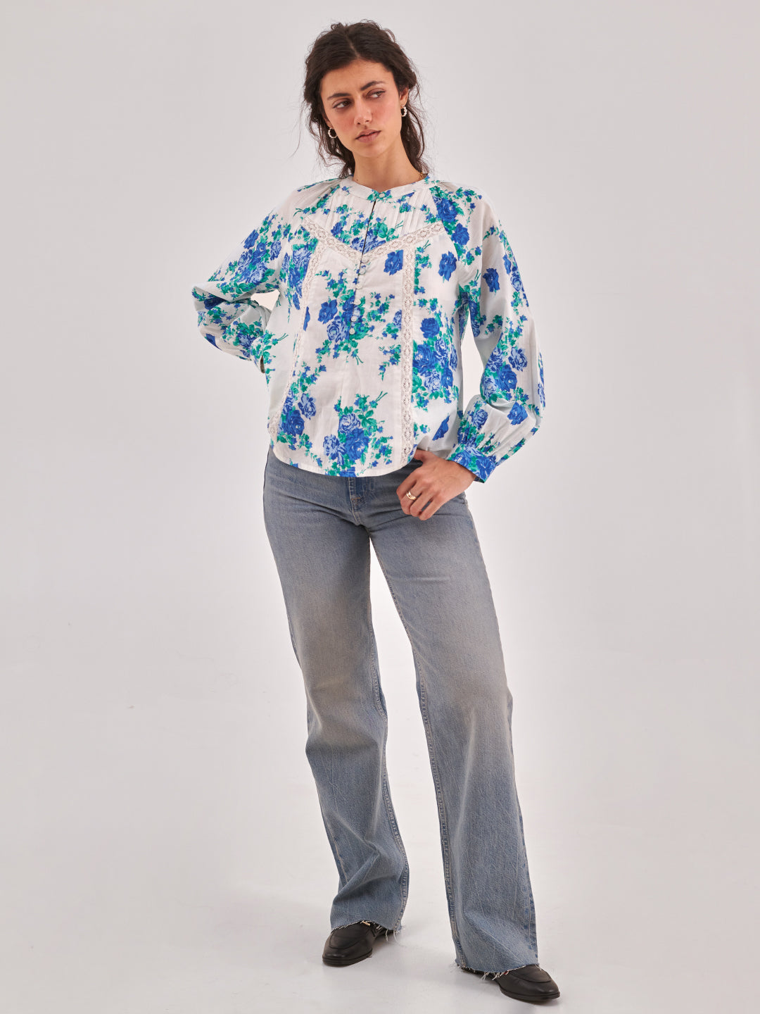 Rose print lace insert Top