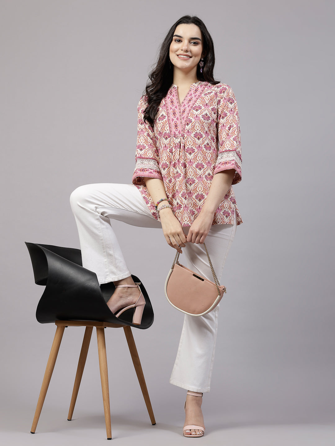Pink Printed Top with lace detail