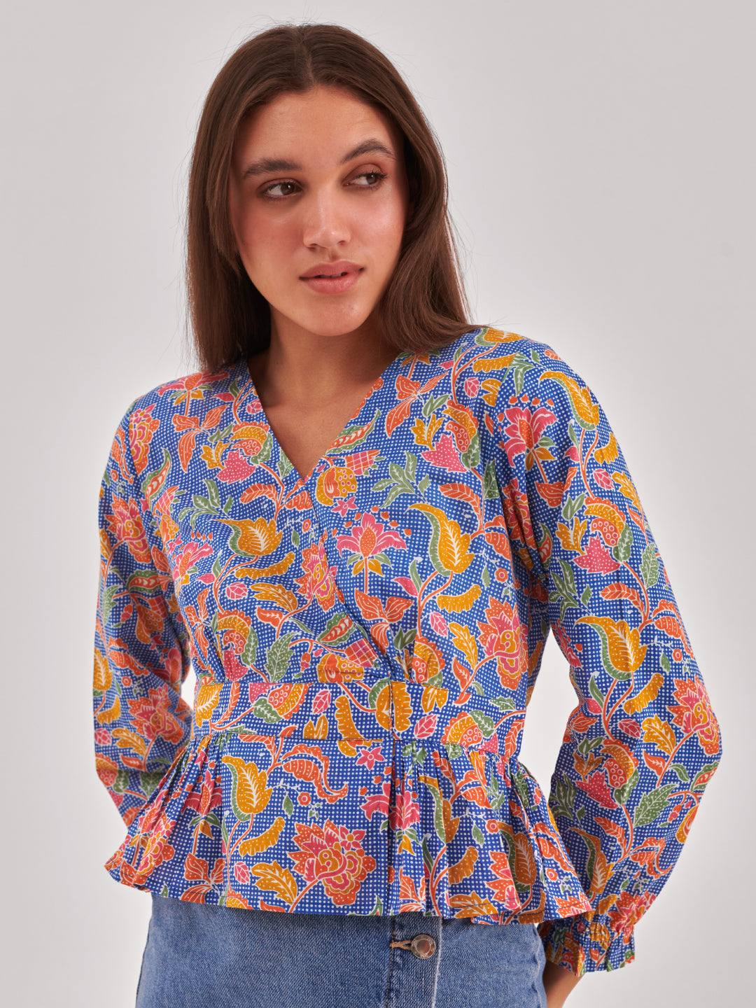 Blue printed cinched waist top