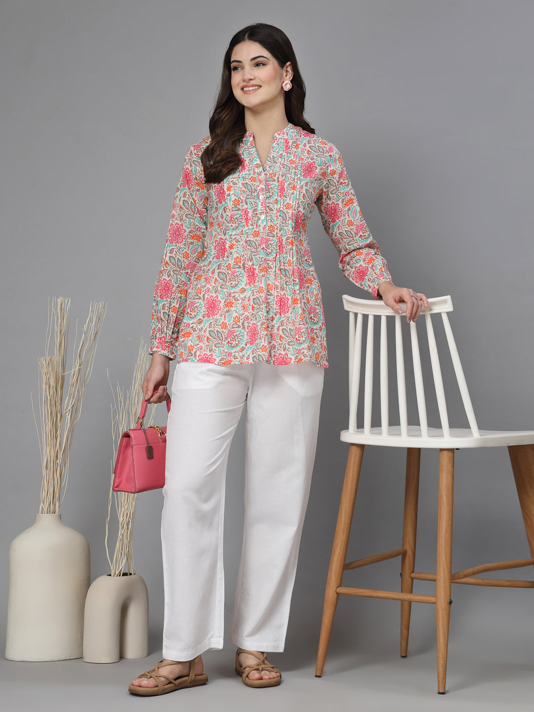 Pink Floral Print Mandarin Collar Long Sleeves Pintucks Top