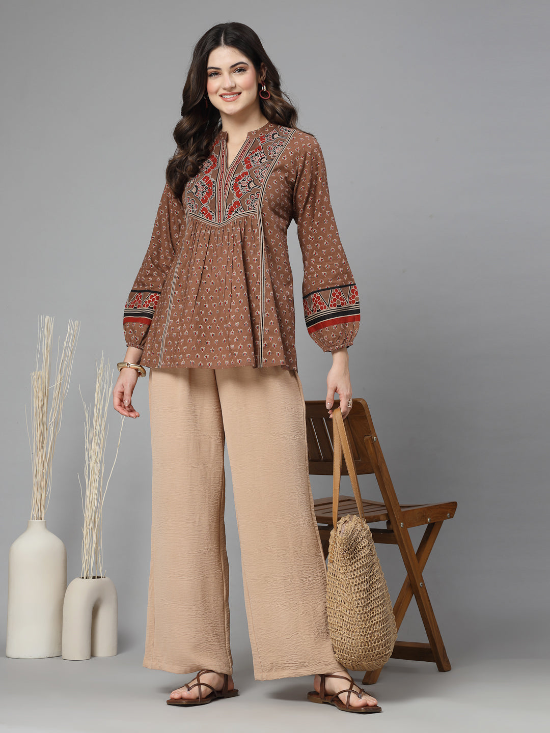 Rust Print Mandarin Collar Empire Pure Cotton Top