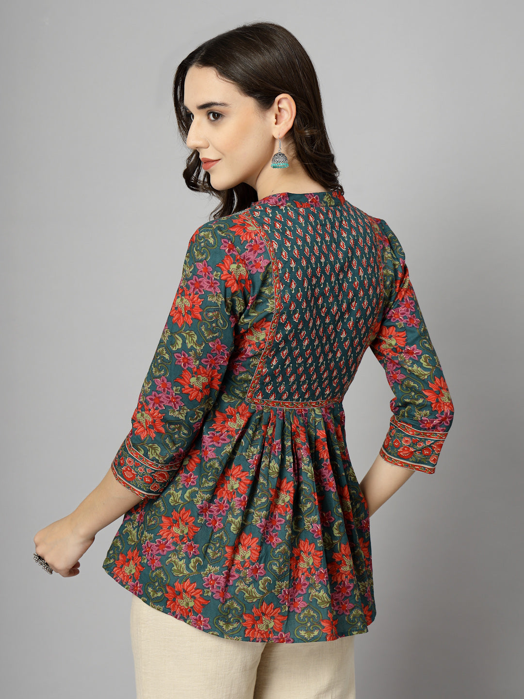 Floral Print Mandarin Collar Cotton Top