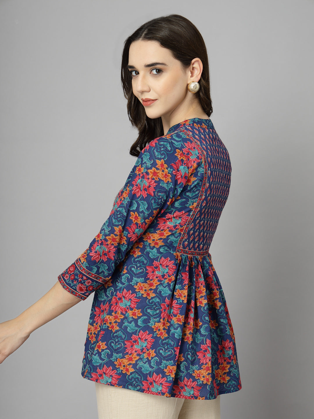 Floral Print Mandarin Collar Cotton Top
