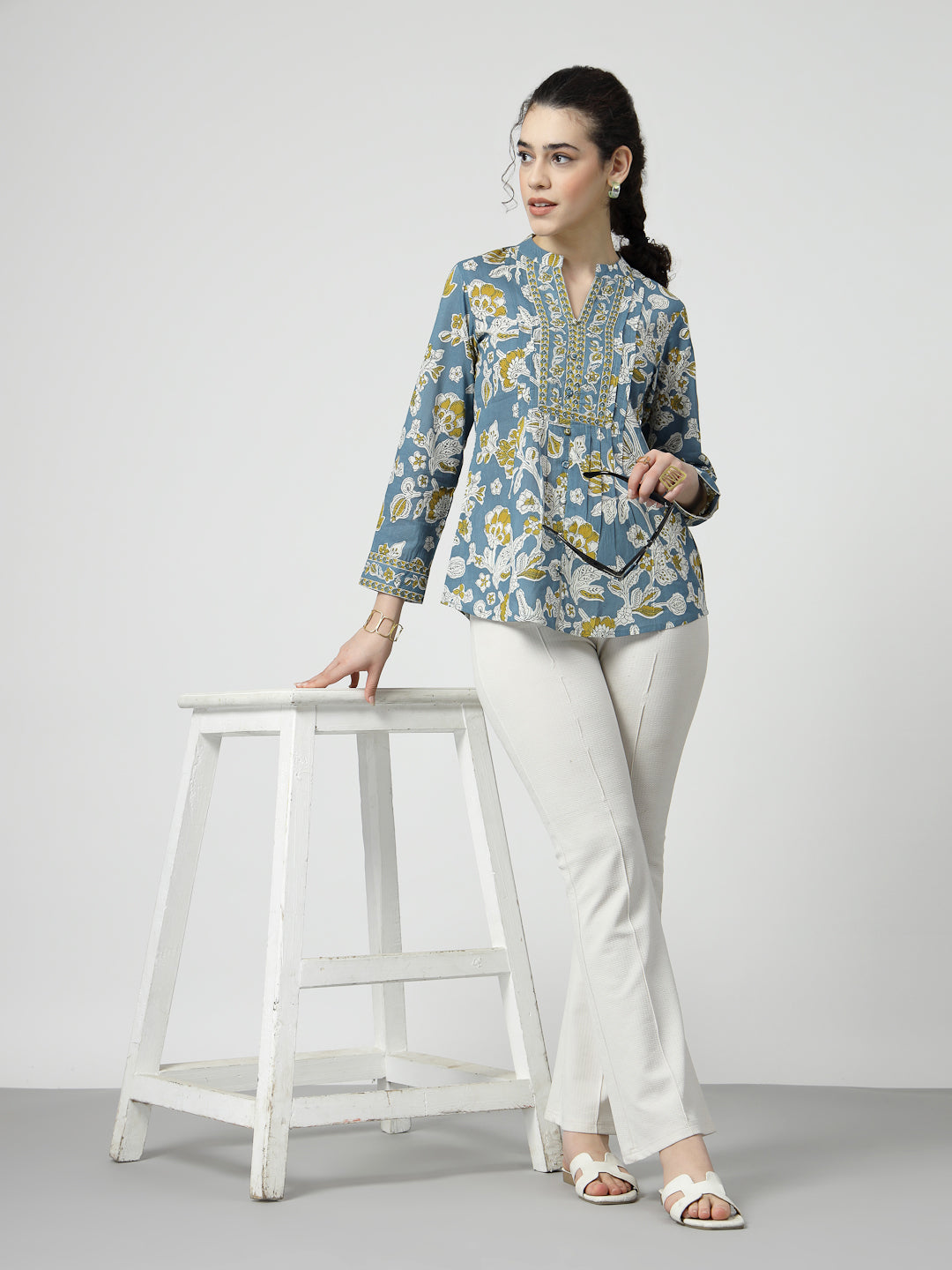 Floral Print Cotton Pintucks Top