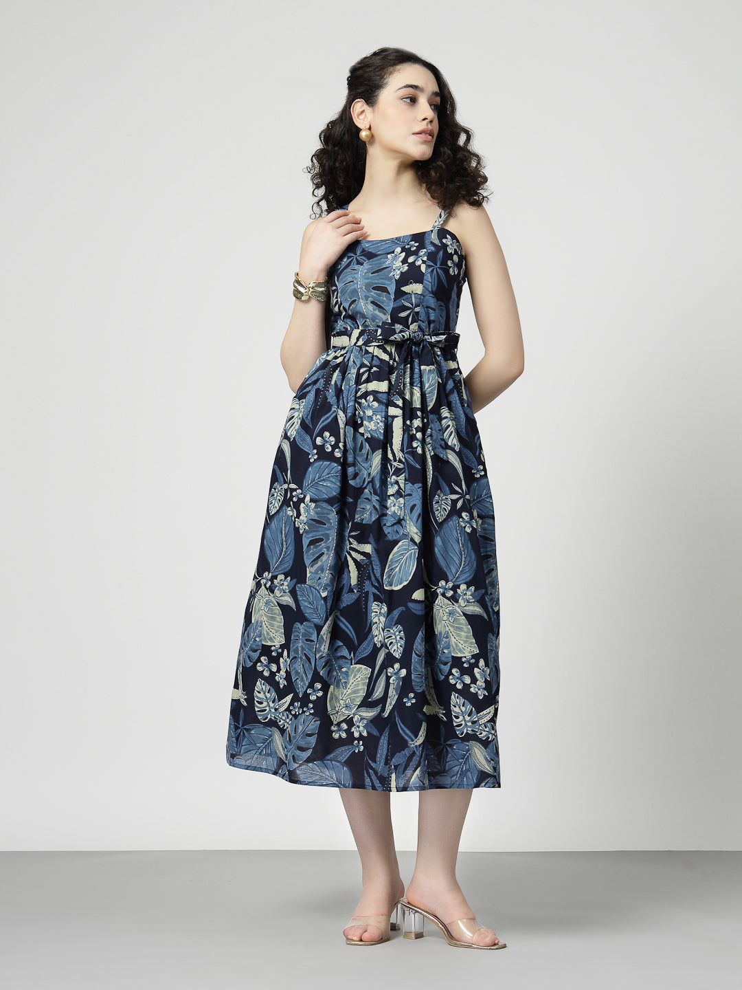 Tropical Print Cotton Fit and Flare Dress