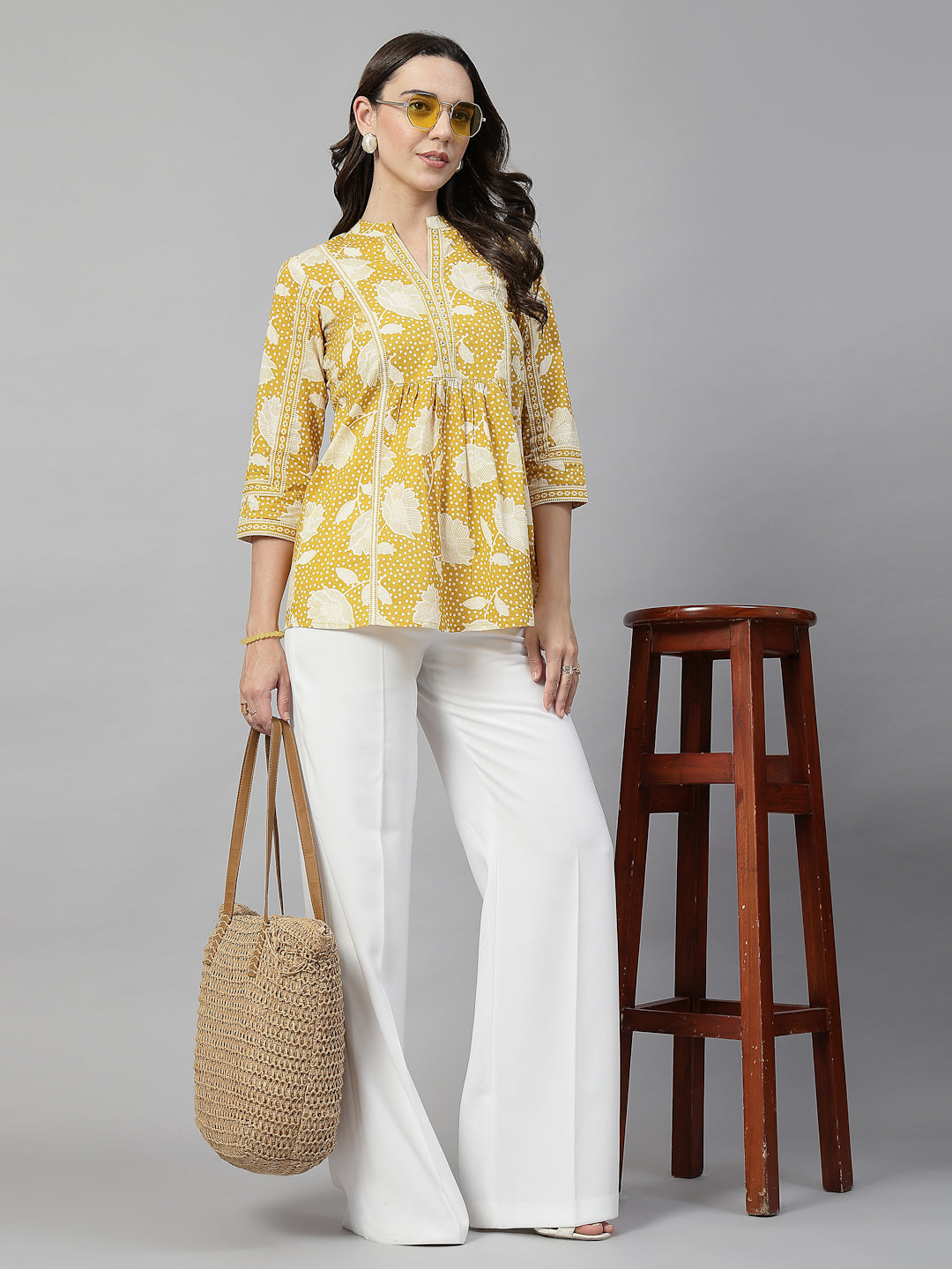 Yellow Floral Print Cotton Top