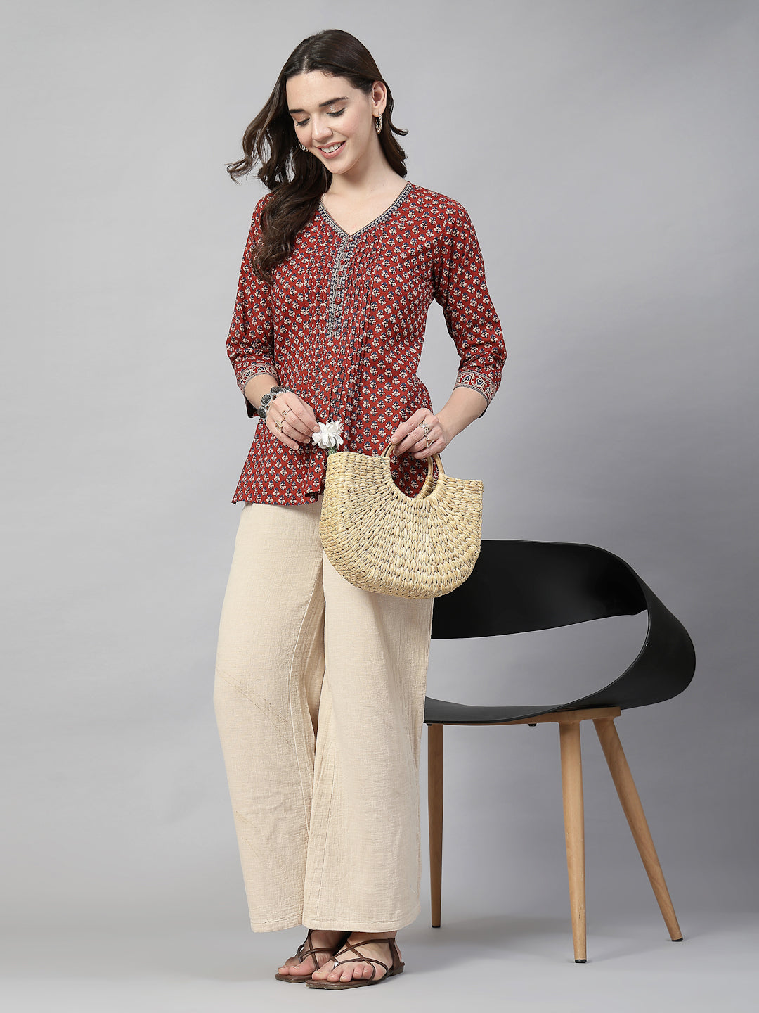 Printed Cotton Pintucks Top