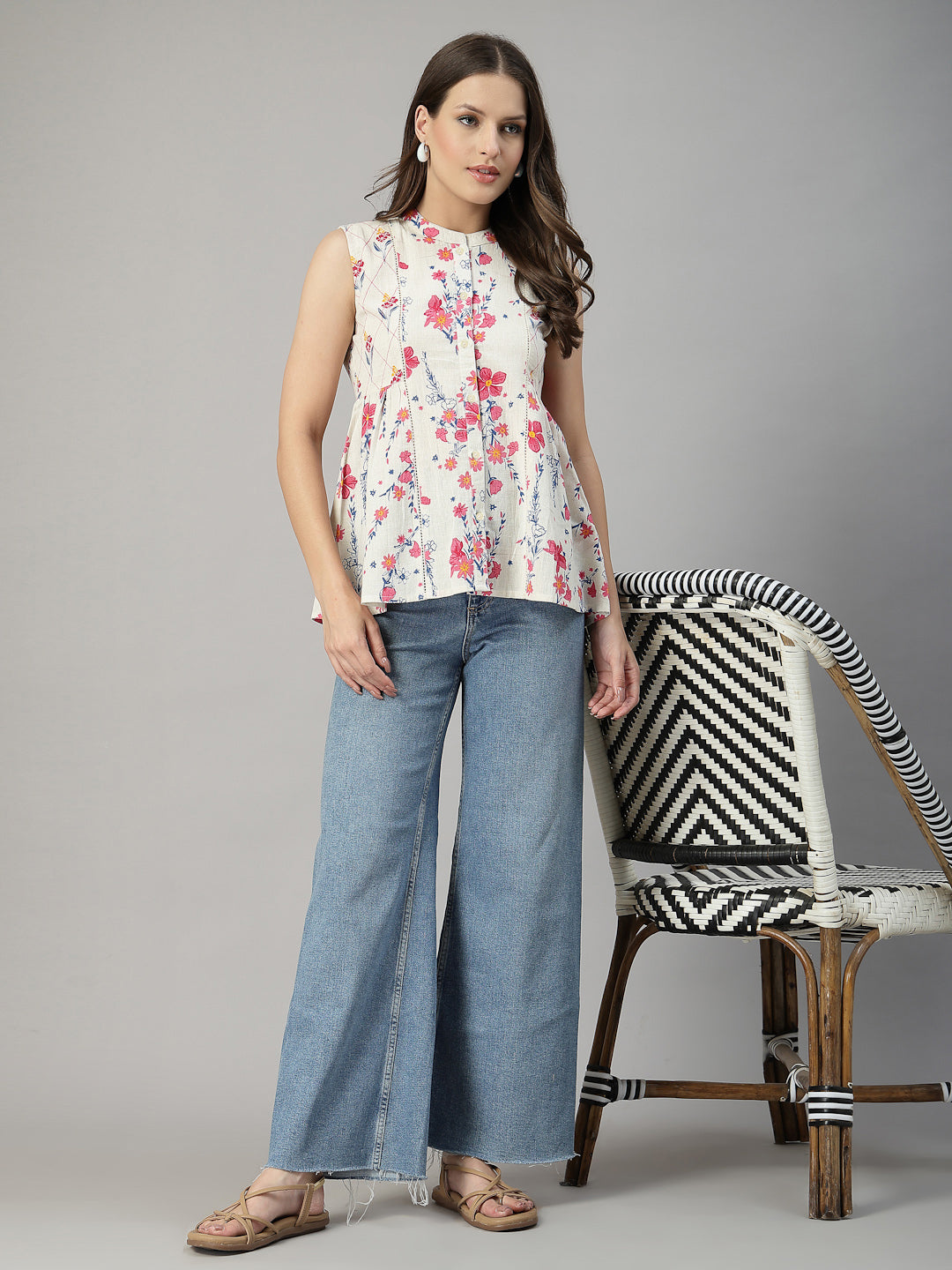 Pink Floral Sleeveless Cotton Top