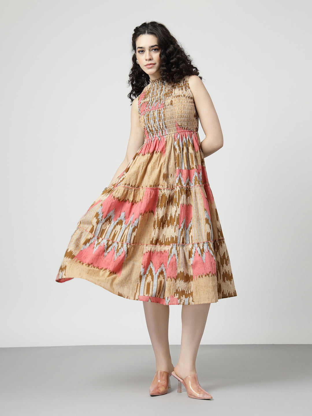 Ikat Print smocking midi dress